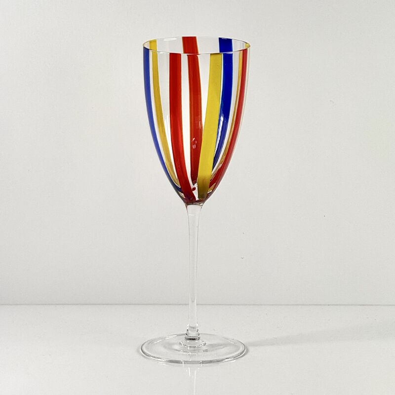 คุณภาพ Hand Blown Art Glass Goblet & Coupe Glass Set, Vibrant Red Yellow Blue Vertical Cane Stripes Murano Style Stemmed Wine & Martini Glasses for Bar, Party & Gift โรงงาน