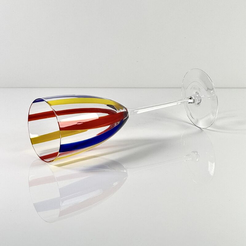 คุณภาพ Hand Blown Art Glass Goblet & Coupe Glass Set, Vibrant Red Yellow Blue Vertical Cane Stripes Murano Style Stemmed Wine & Martini Glasses for Bar, Party & Gift โรงงาน