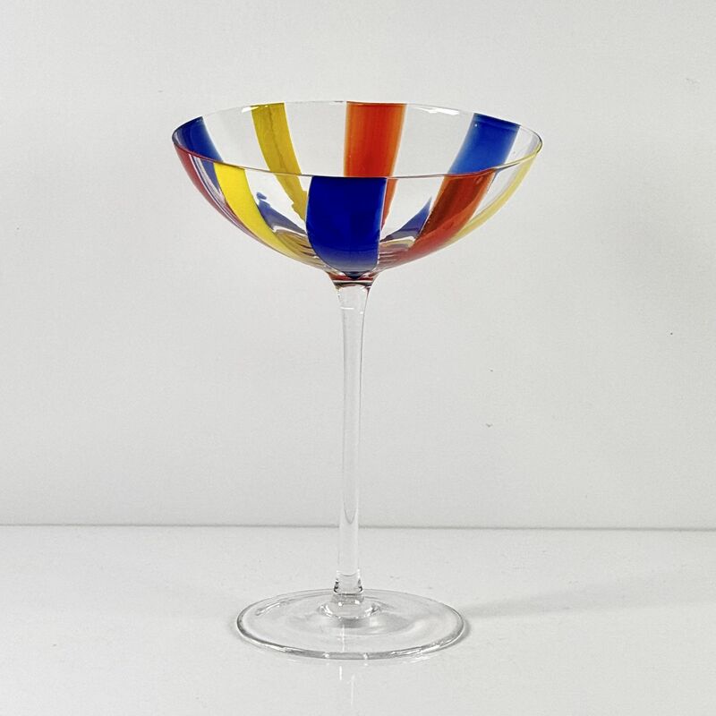 คุณภาพ Hand Blown Art Glass Goblet & Coupe Glass Set, Vibrant Red Yellow Blue Vertical Cane Stripes Murano Style Stemmed Wine & Martini Glasses for Bar, Party & Gift โรงงาน
