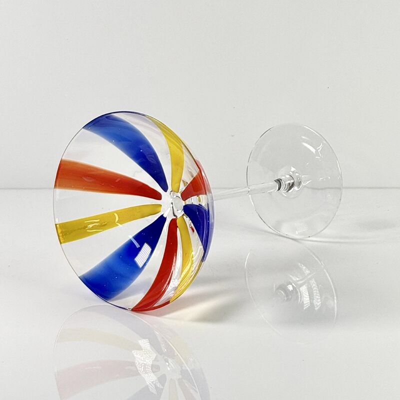 คุณภาพ Hand Blown Art Glass Goblet & Coupe Glass Set, Vibrant Red Yellow Blue Vertical Cane Stripes Murano Style Stemmed Wine & Martini Glasses for Bar, Party & Gift โรงงาน