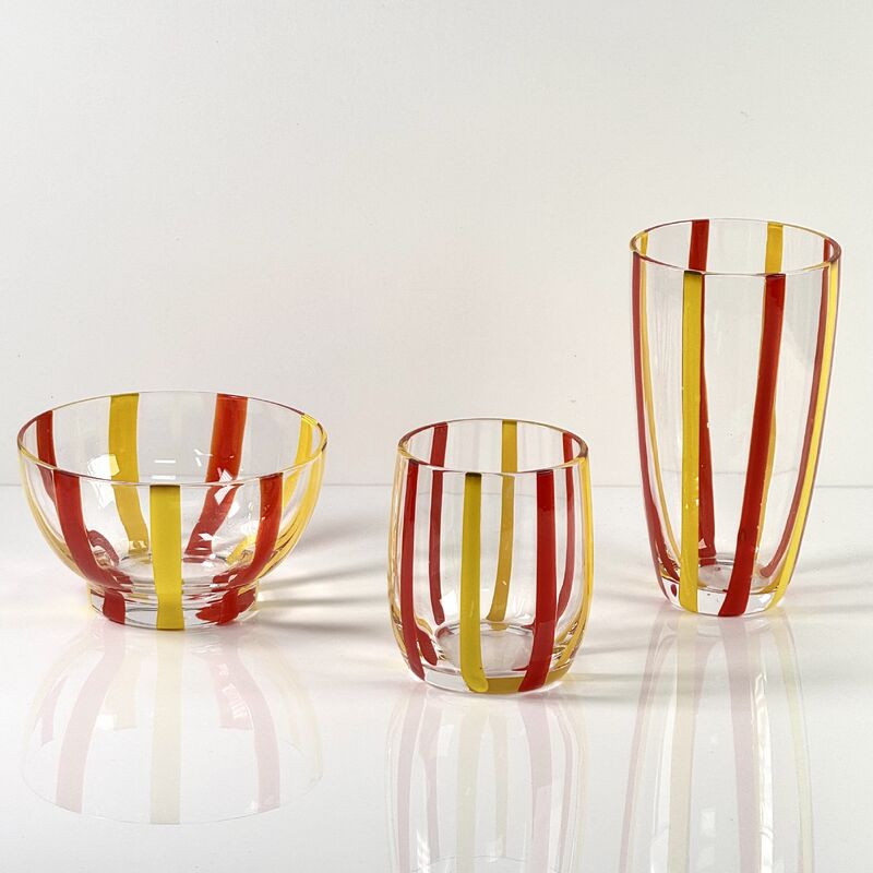 คุณภาพ Hand Blown Colored Cane Striped Glass Tumbler & Bowl Set, Murano Style Red Yellow Vertical Stripe Drinking Cups and Snack Bowl, Lead-Free Art Glass for Water, Juice, Table Decor โรงงาน