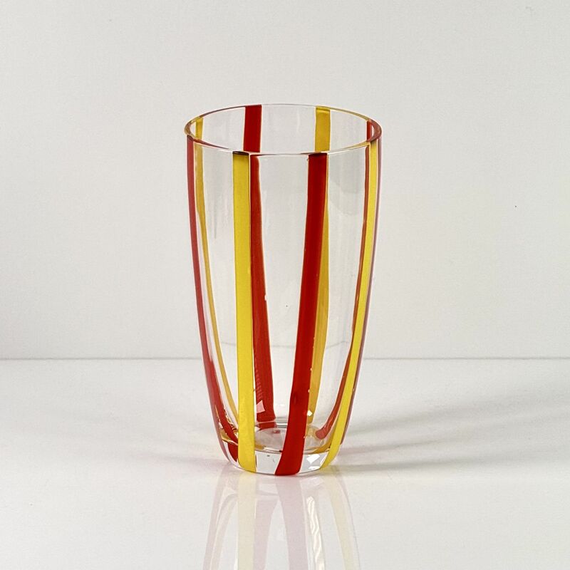 คุณภาพ Hand Blown Colored Cane Striped Glass Tumbler & Bowl Set, Murano Style Red Yellow Vertical Stripe Drinking Cups and Snack Bowl, Lead-Free Art Glass for Water, Juice, Table Decor โรงงาน