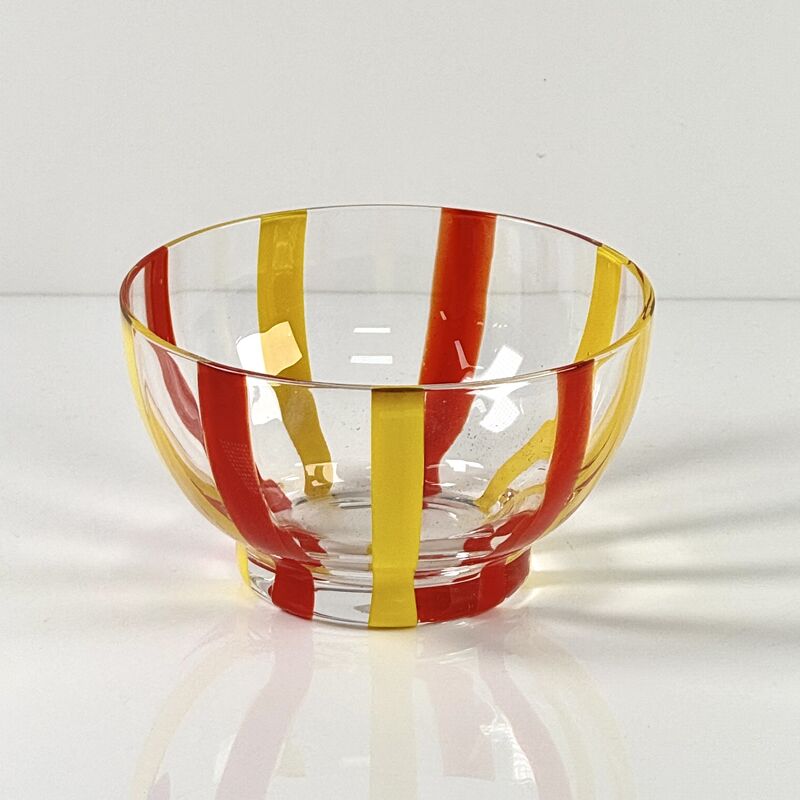 คุณภาพ Hand Blown Colored Cane Striped Glass Tumbler & Bowl Set, Murano Style Red Yellow Vertical Stripe Drinking Cups and Snack Bowl, Lead-Free Art Glass for Water, Juice, Table Decor โรงงาน
