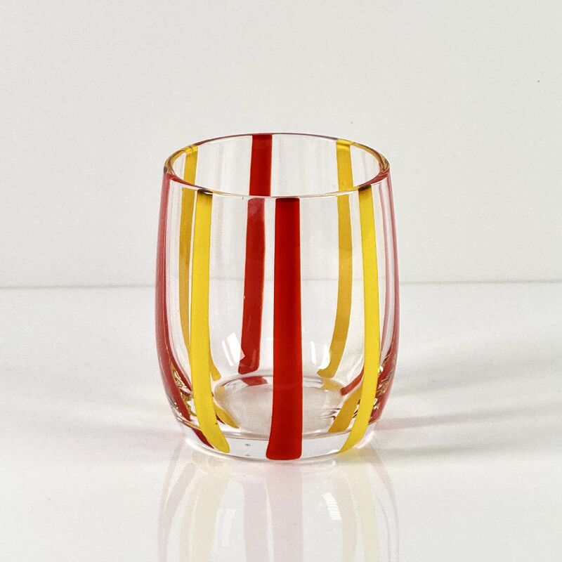 คุณภาพ Hand Blown Colored Cane Striped Glass Tumbler & Bowl Set, Murano Style Red Yellow Vertical Stripe Drinking Cups and Snack Bowl, Lead-Free Art Glass for Water, Juice, Table Decor โรงงาน