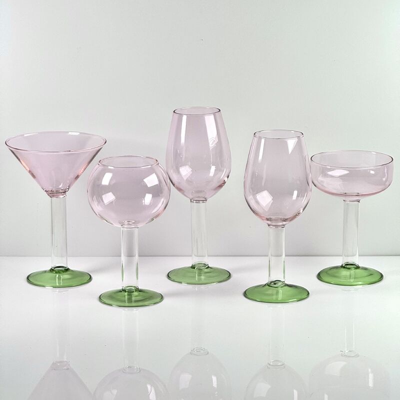 คุณภาพ Hand Blown Borosilicate Stemmed Wine & Cocktail Glass Set, Pink Bowl with Green Hollow Stem Base, Colored Spray Tinted Art Goblets for Bar, Wedding & Table Decor โรงงาน