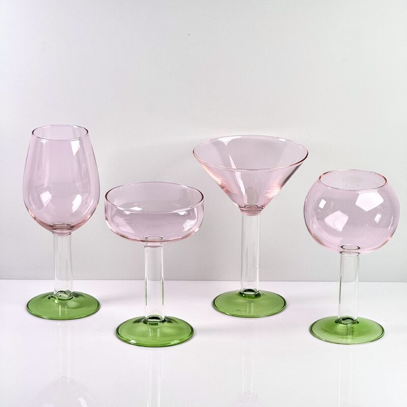 คุณภาพ Hand Blown Borosilicate Stemmed Wine & Cocktail Glass Set, Pink Bowl with Green Hollow Stem Base, Colored Spray Tinted Art Goblets for Bar, Wedding & Table Decor โรงงาน
