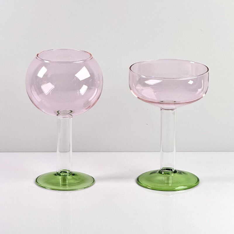 คุณภาพ Hand Blown Borosilicate Stemmed Wine & Cocktail Glass Set, Pink Bowl with Green Hollow Stem Base, Colored Spray Tinted Art Goblets for Bar, Wedding & Table Decor โรงงาน