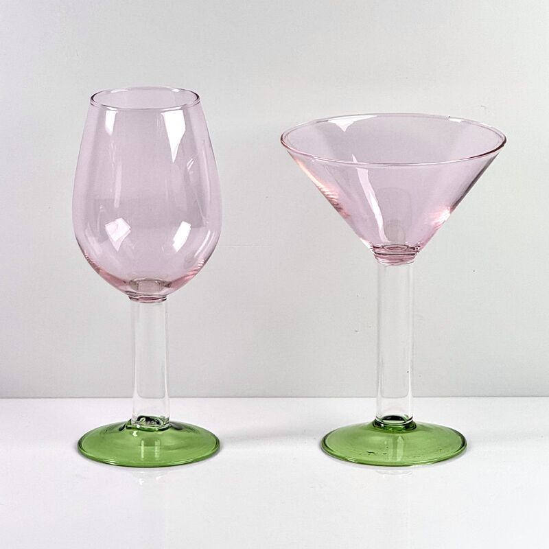 คุณภาพ Hand Blown Borosilicate Stemmed Wine & Cocktail Glass Set, Pink Bowl with Green Hollow Stem Base, Colored Spray Tinted Art Goblets for Bar, Wedding & Table Decor โรงงาน