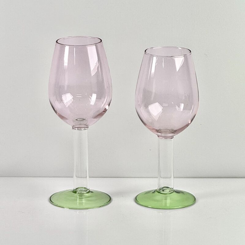 คุณภาพ Hand Blown Borosilicate Stemmed Wine & Cocktail Glass Set, Pink Bowl with Green Hollow Stem Base, Colored Spray Tinted Art Goblets for Bar, Wedding & Table Decor โรงงาน