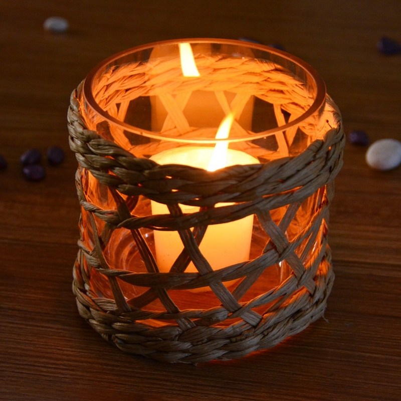 คุณภาพ Round Creative Glass Candle Holders With Wicker Sleeve โรงงาน