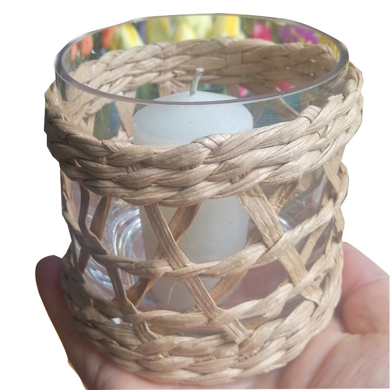 คุณภาพ Round Creative Glass Candle Holders With Wicker Sleeve โรงงาน
