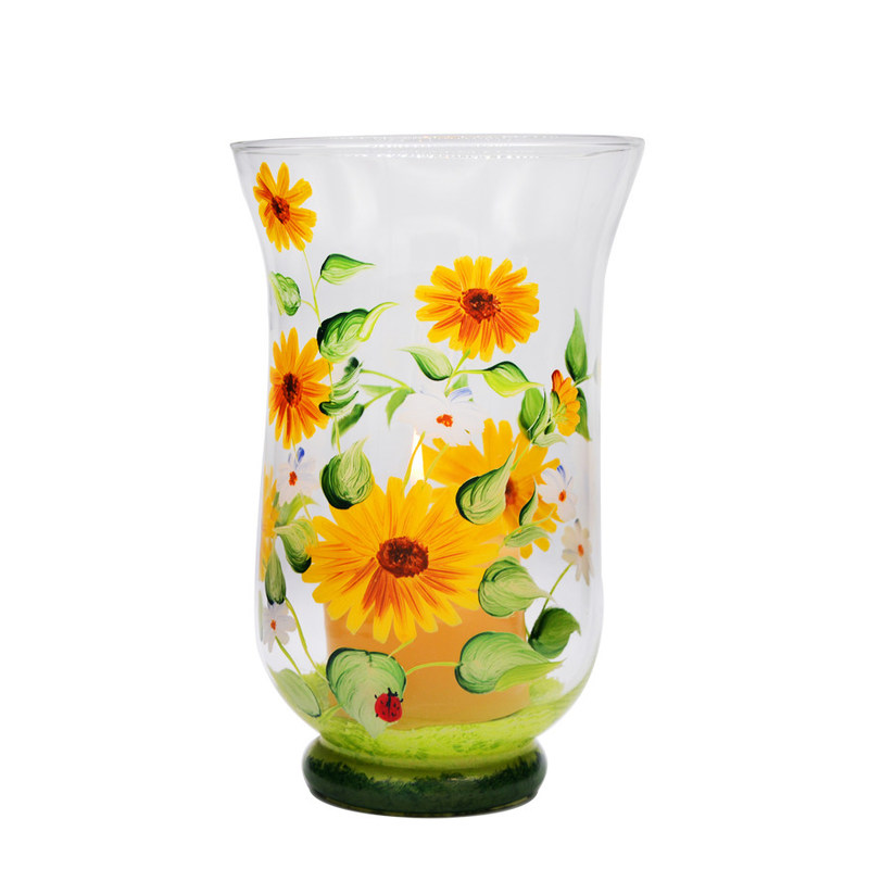 คุณภาพ Hand Painted Sunflower Pattern Glass Candle Holders For Home โรงงาน