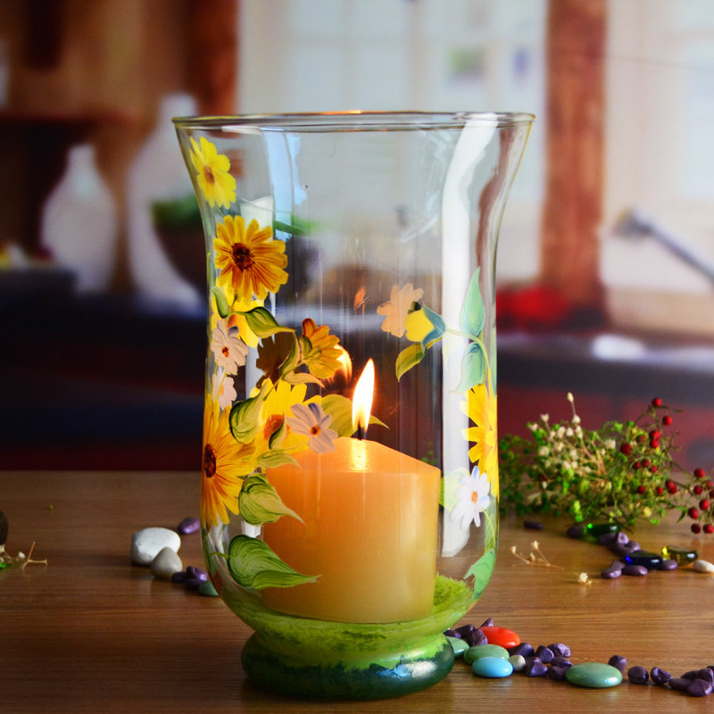 คุณภาพ Hand Painted Sunflower Pattern Glass Candle Holders For Home โรงงาน