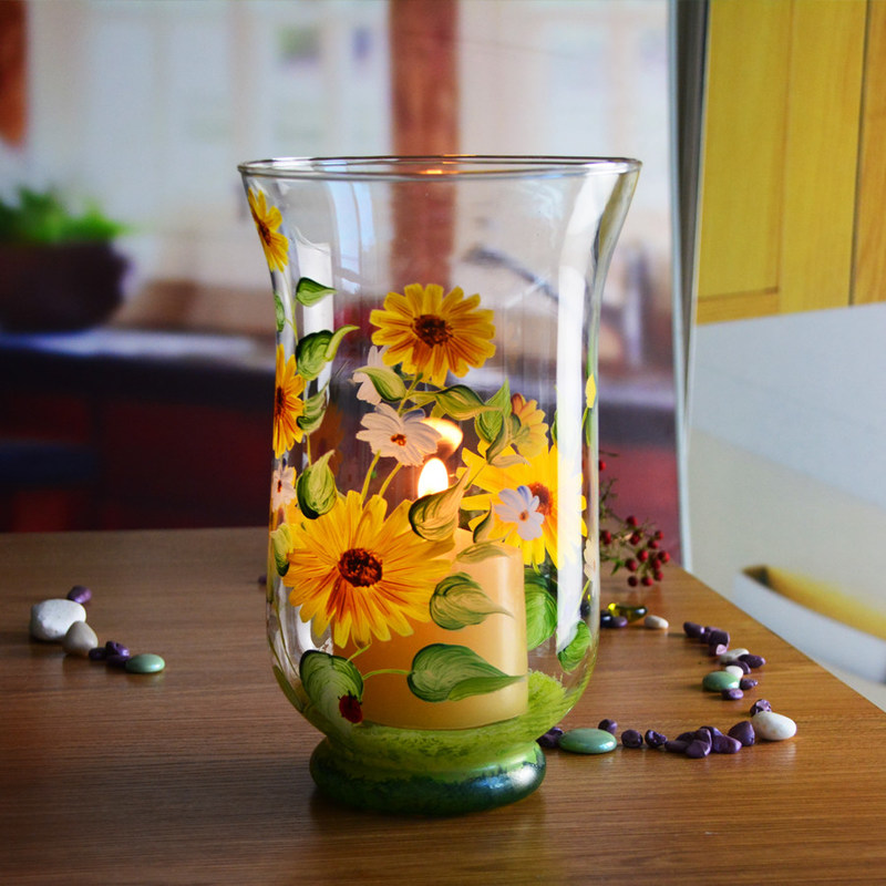 คุณภาพ Hand Painted Sunflower Pattern Glass Candle Holders For Home โรงงาน