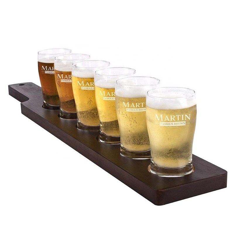 คุณภาพ Handmade 5oz Craft Beer Tasting Kit , Craft Beer Glasses Set With Wooden Paddle โรงงาน