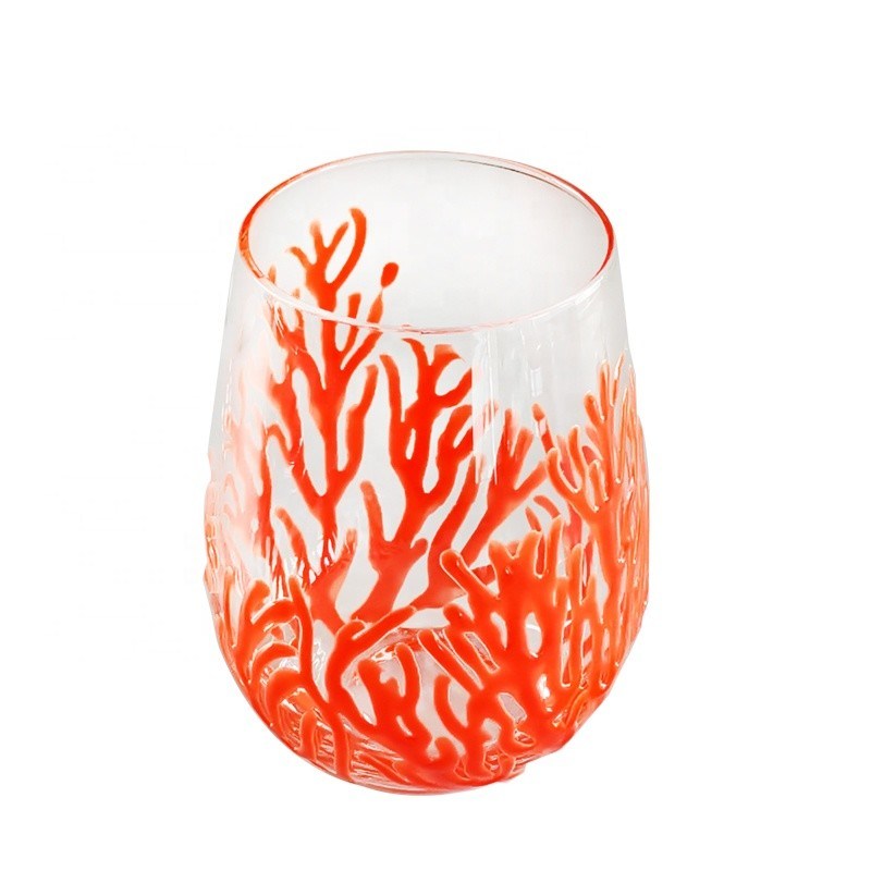 คุณภาพ Egg Shaped 500ml Crystal Wine Glass With Embossed Red Corals โรงงาน