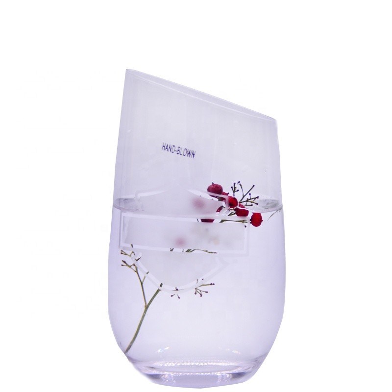 คุณภาพ Bevel Oblique Edge Stemless Crystal Wine Glass With Angle Top โรงงาน