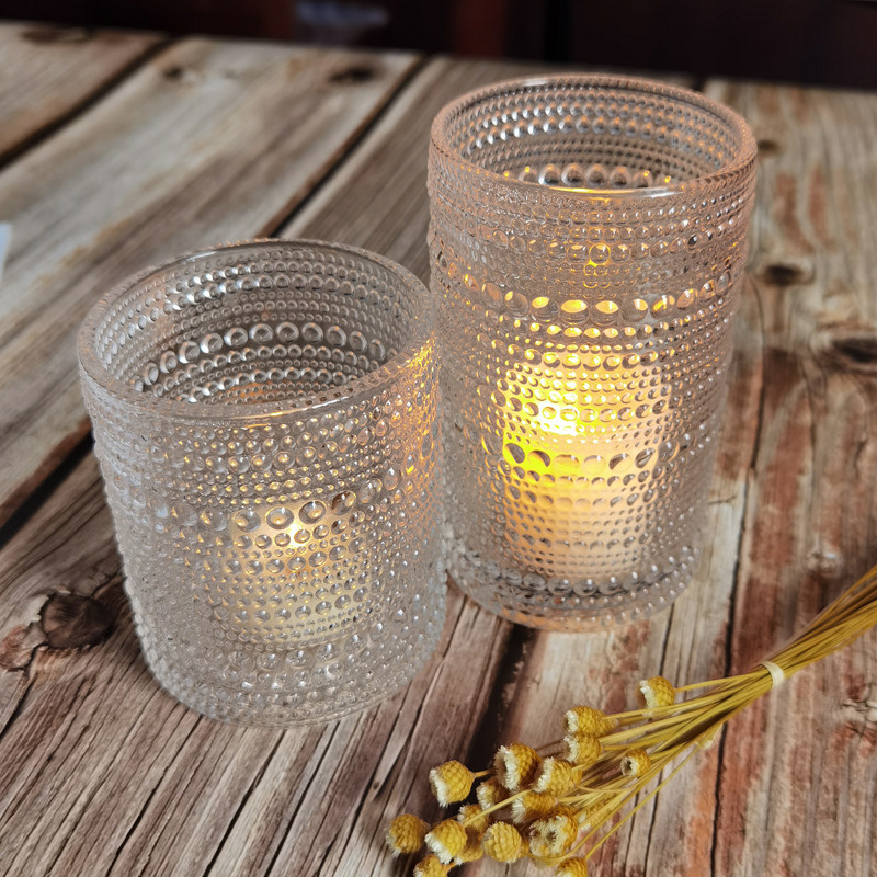 คุณภาพ Customized Embossed Beads Strings Glass Votive Candle Holders ,  Glass Cylinder Candle Holders โรงงาน