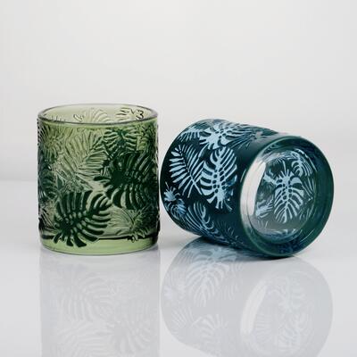 คุณภาพ Embossed Tropical Monstera Leaf Glass Candle Holder with 200ml Capacity in Lead-Free Crystal Glass โรงงาน
