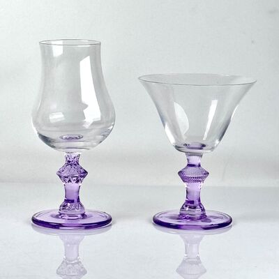 คุณภาพ 4‑Pack Vintage Purple Stem Wine Glasses, Assorted Shapes Clear Cup with Decorative Purple Stem, Handblown Glass Goblets for Wedding Party Home Tabletop Decoration โรงงาน