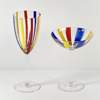 คุณภาพ Hand Blown Art Glass Goblet & Coupe Glass Set, Vibrant Red Yellow Blue Vertical Cane Stripes Murano Style Stemmed Wine & Martini Glasses for Bar, Party & Gift โรงงาน