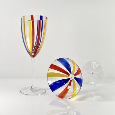 คุณภาพ Hand Blown Art Glass Goblet & Coupe Glass Set, Vibrant Red Yellow Blue Vertical Cane Stripes Murano Style Stemmed Wine & Martini Glasses for Bar, Party & Gift โรงงาน