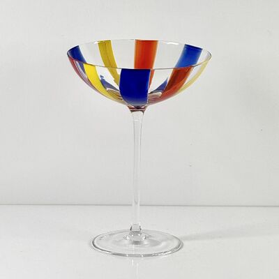 คุณภาพ Hand Blown Art Glass Goblet & Coupe Glass Set, Vibrant Red Yellow Blue Vertical Cane Stripes Murano Style Stemmed Wine & Martini Glasses for Bar, Party & Gift โรงงาน