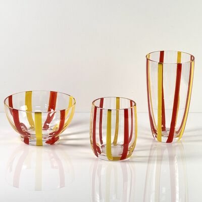 คุณภาพ Hand Blown Colored Cane Striped Glass Tumbler & Bowl Set, Murano Style Red Yellow Vertical Stripe Drinking Cups and Snack Bowl, Lead-Free Art Glass for Water, Juice, Table Decor โรงงาน