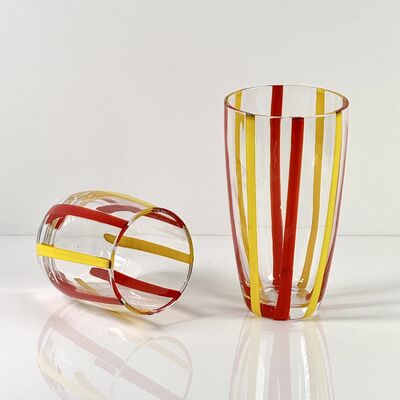 คุณภาพ Hand Blown Colored Cane Striped Glass Tumbler & Bowl Set, Murano Style Red Yellow Vertical Stripe Drinking Cups and Snack Bowl, Lead-Free Art Glass for Water, Juice, Table Decor โรงงาน