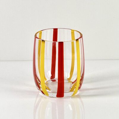 คุณภาพ Hand Blown Colored Cane Striped Glass Tumbler & Bowl Set, Murano Style Red Yellow Vertical Stripe Drinking Cups and Snack Bowl, Lead-Free Art Glass for Water, Juice, Table Decor โรงงาน