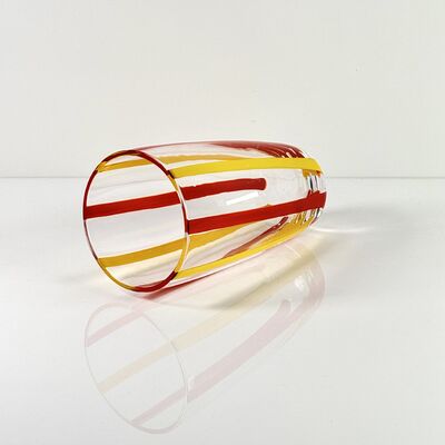 คุณภาพ Hand Blown Colored Cane Striped Glass Tumbler & Bowl Set, Murano Style Red Yellow Vertical Stripe Drinking Cups and Snack Bowl, Lead-Free Art Glass for Water, Juice, Table Decor โรงงาน
