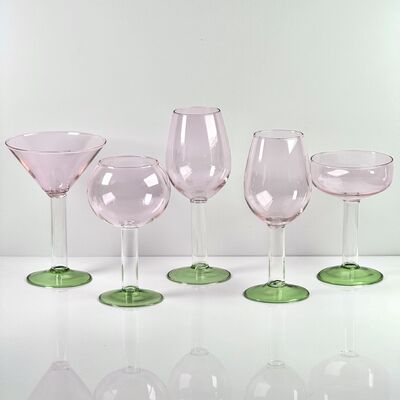 คุณภาพ Hand Blown Borosilicate Stemmed Wine & Cocktail Glass Set, Pink Bowl with Green Hollow Stem Base, Colored Spray Tinted Art Goblets for Bar, Wedding & Table Decor โรงงาน
