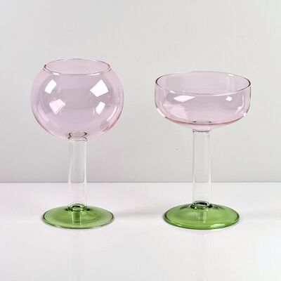 คุณภาพ Hand Blown Borosilicate Stemmed Wine & Cocktail Glass Set, Pink Bowl with Green Hollow Stem Base, Colored Spray Tinted Art Goblets for Bar, Wedding & Table Decor โรงงาน