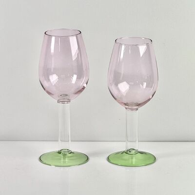 คุณภาพ Hand Blown Borosilicate Stemmed Wine & Cocktail Glass Set, Pink Bowl with Green Hollow Stem Base, Colored Spray Tinted Art Goblets for Bar, Wedding & Table Decor โรงงาน