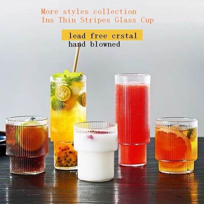 คุณภาพ Thin Wall 7cm Diameter Tumbler Drinking Glasses With Optical Stripes โรงงาน