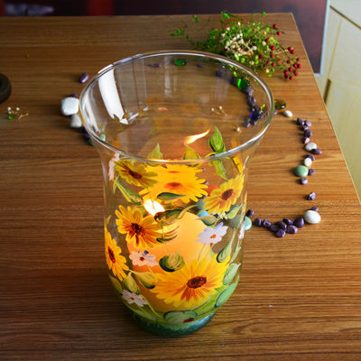 คุณภาพ Hand Painted Sunflower Pattern Glass Candle Holders For Home โรงงาน
