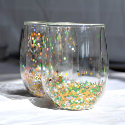 คุณภาพ 13oz Customized Borosilicate Double Wall Tumbler Drinking Glasses With Colorful Glitter Inside โรงงาน