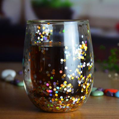 คุณภาพ 13oz Customized Borosilicate Double Wall Tumbler Drinking Glasses With Colorful Glitter Inside โรงงาน